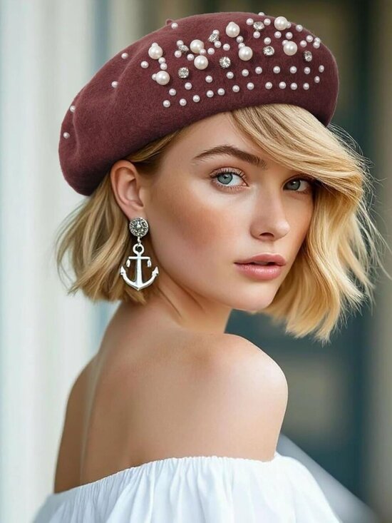 Women\'s Classic French Wool Beret Pearl & Rhinestone Embellishment Hat Coffee